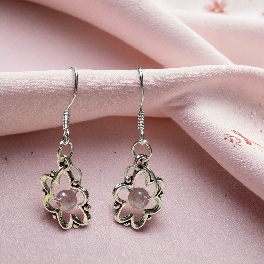Hand Crafted Silver Flower Drop Earrings with Pink Centers - Picture 6 of 7